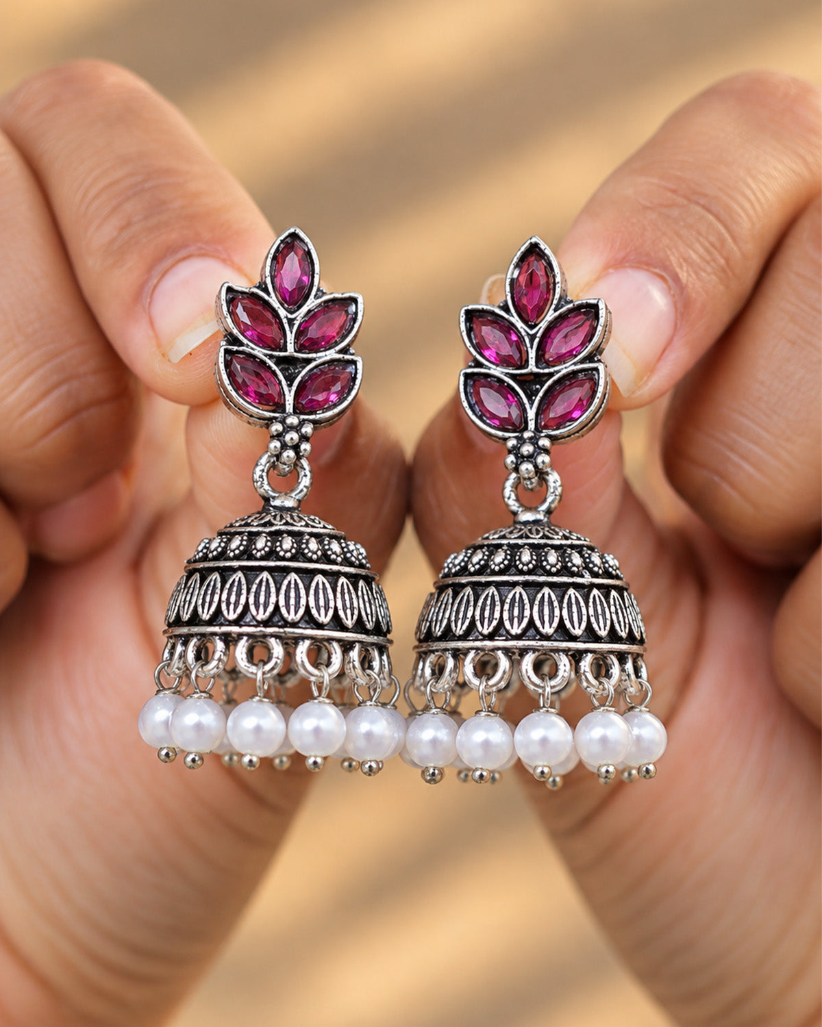 Leaf Oxidised Silver Jhumka Earrings