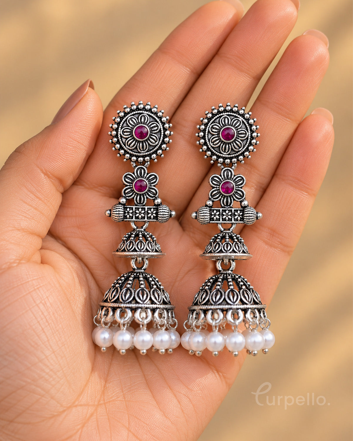 Oxidised Silver Double Jhumka Earrings