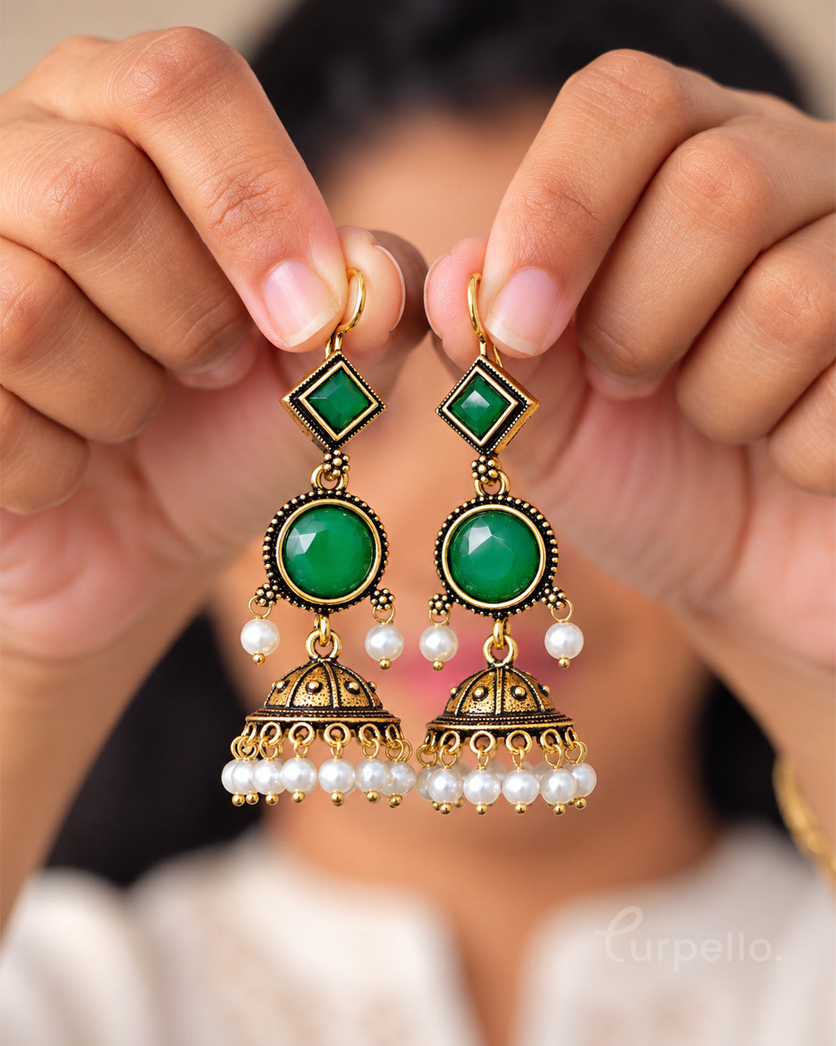 Antique Gold Jhumka Earrings with Pearl Drops