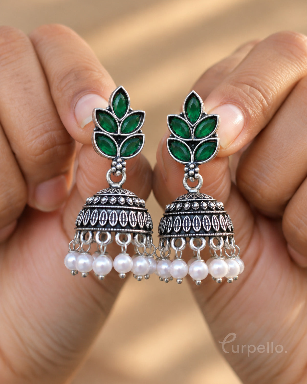 Leaf Oxidised Silver Jhumka Earrings