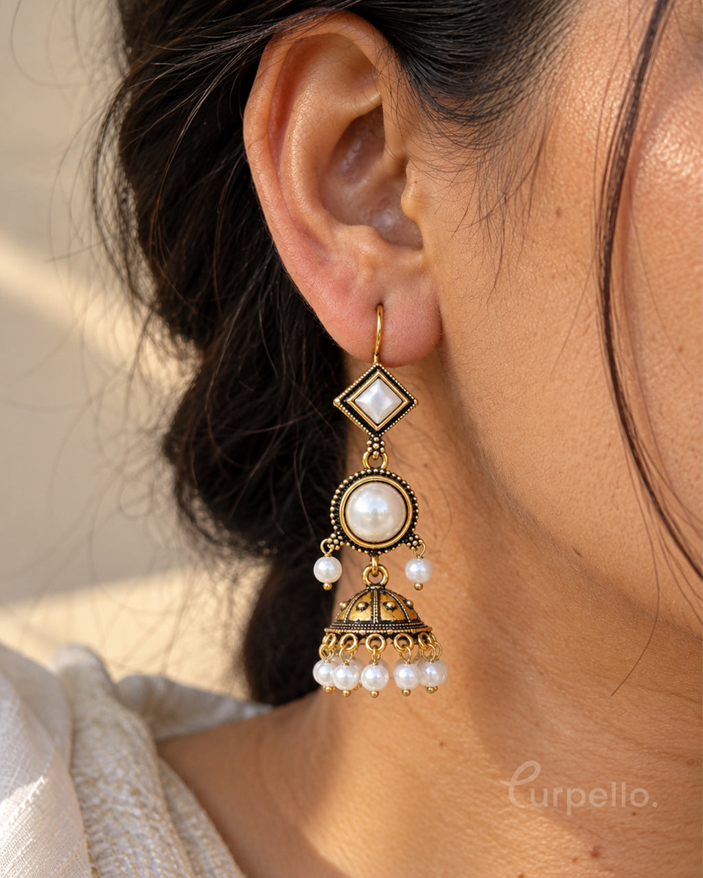 Antique Gold Jhumka Earrings with Pearl Drops