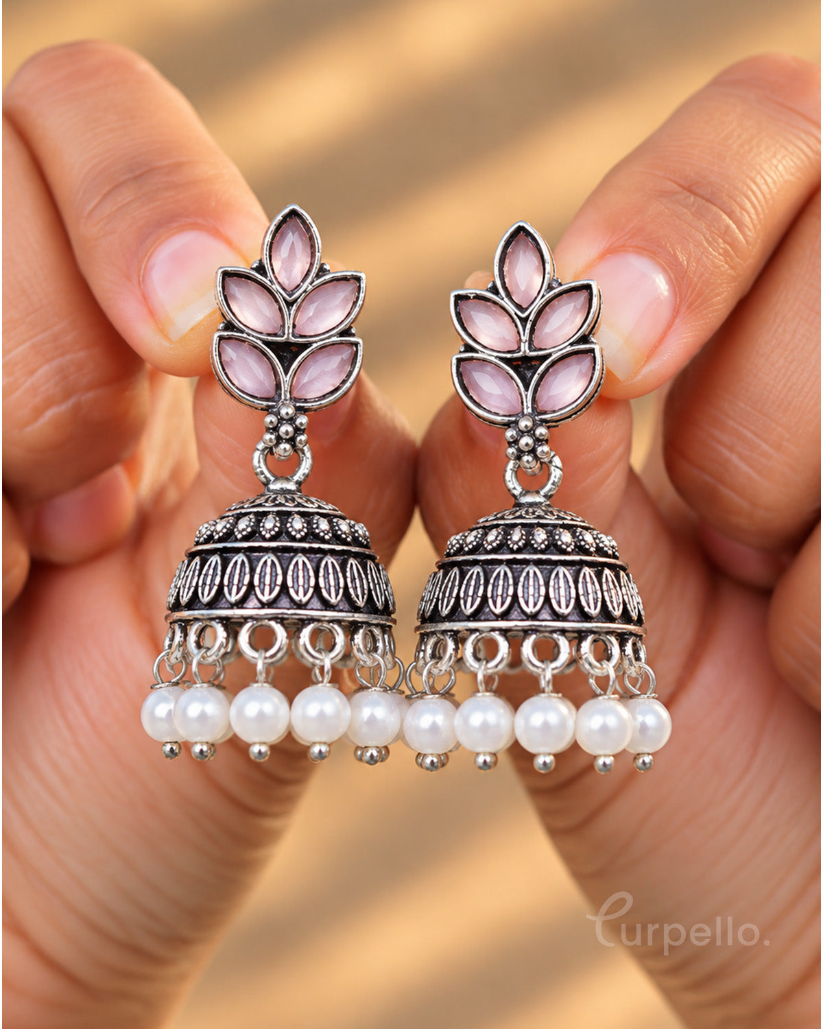 Leaf Oxidised Silver Jhumka Earrings
