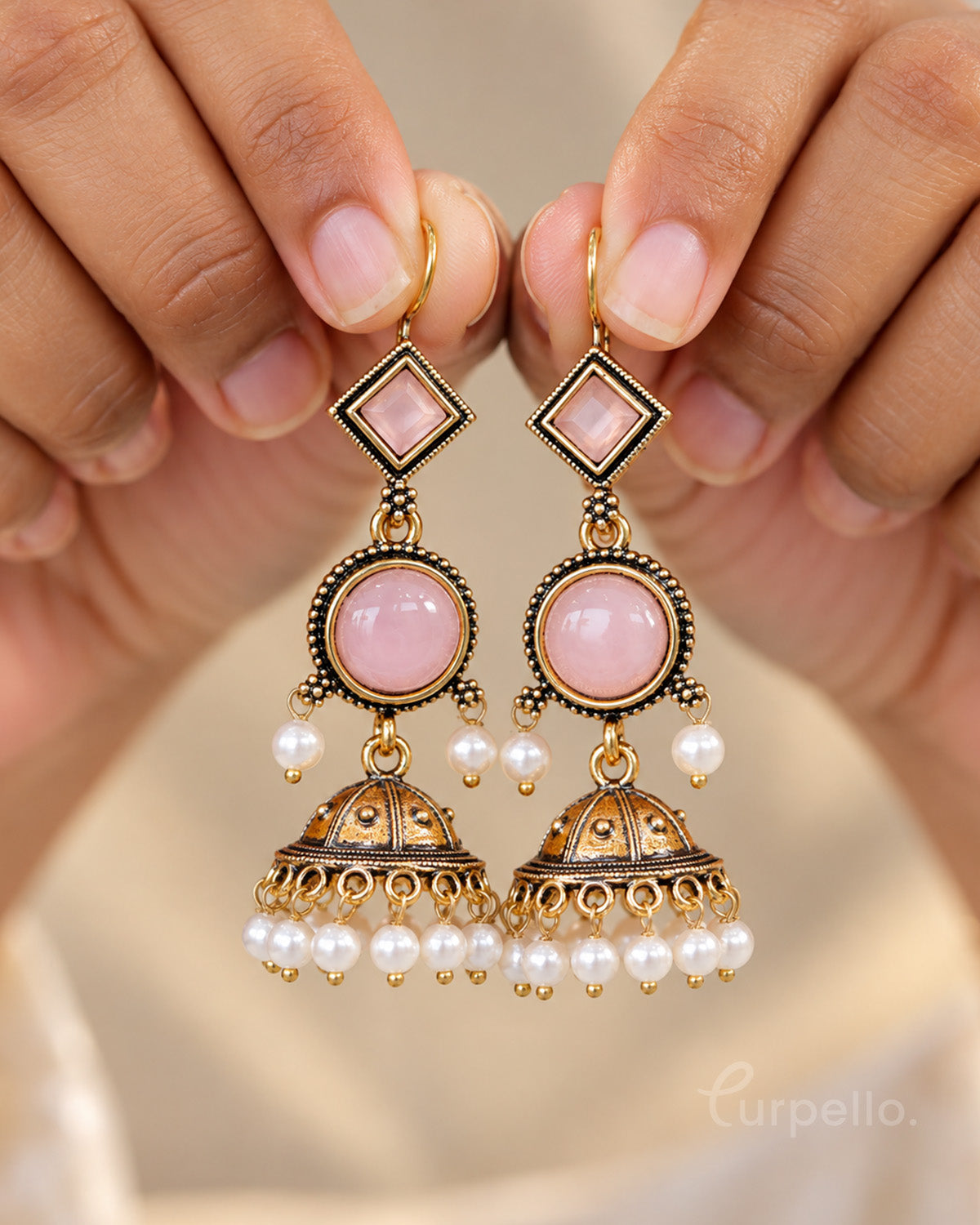 Antique Gold Jhumka Earrings with Pearl Drops