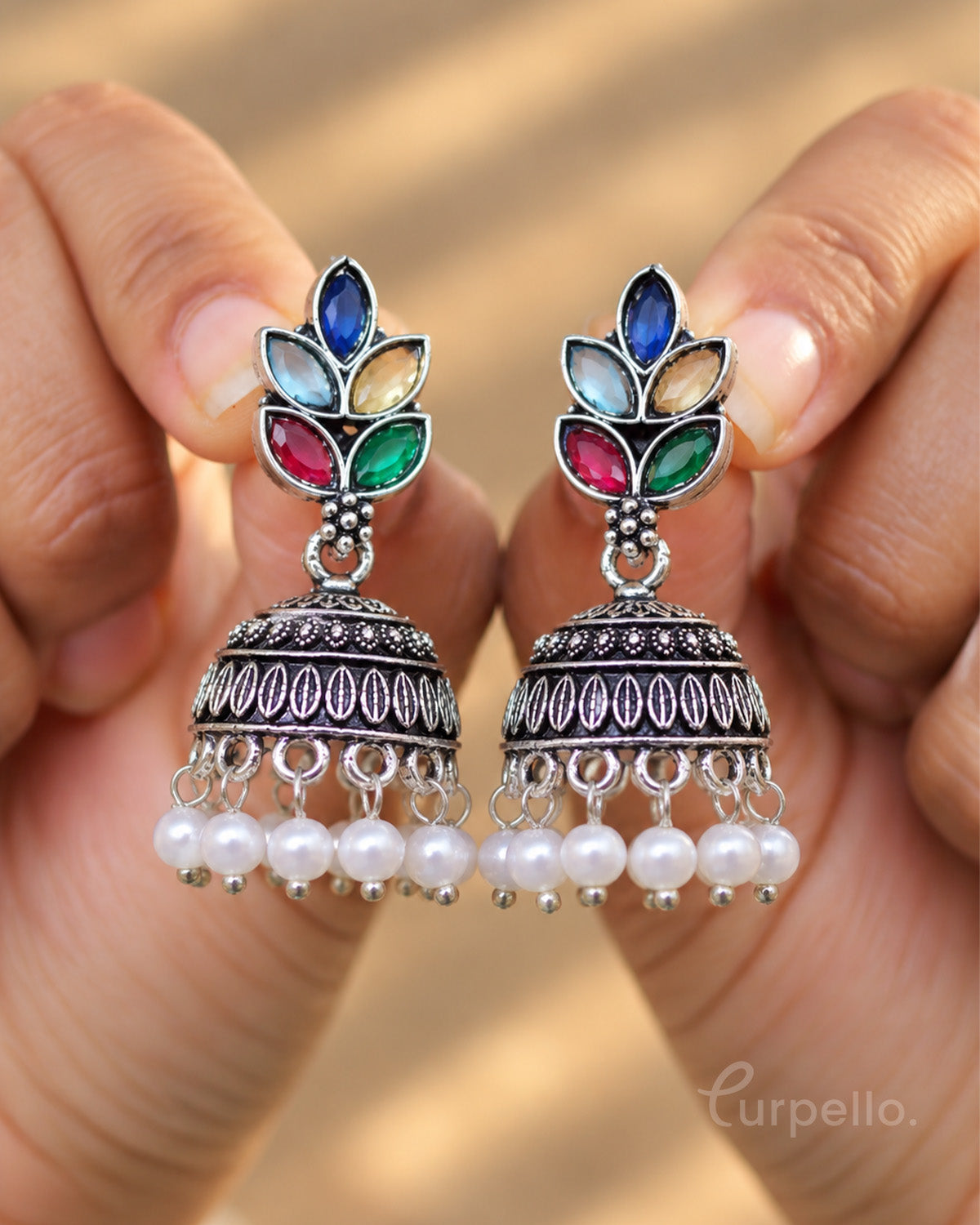 Leaf Oxidised Silver Jhumka Earrings