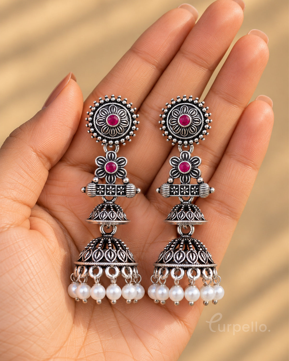 Oxidised Silver Double Jhumka Earrings