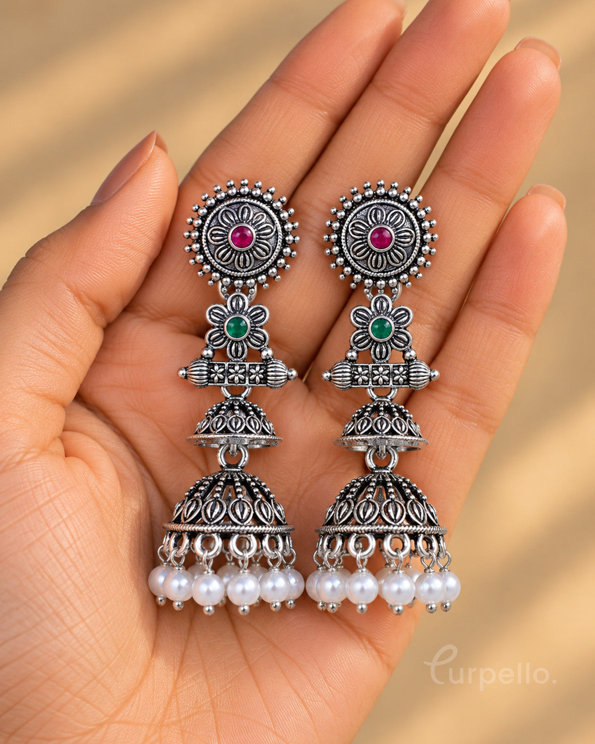 Oxidised Silver Double Jhumka Earrings