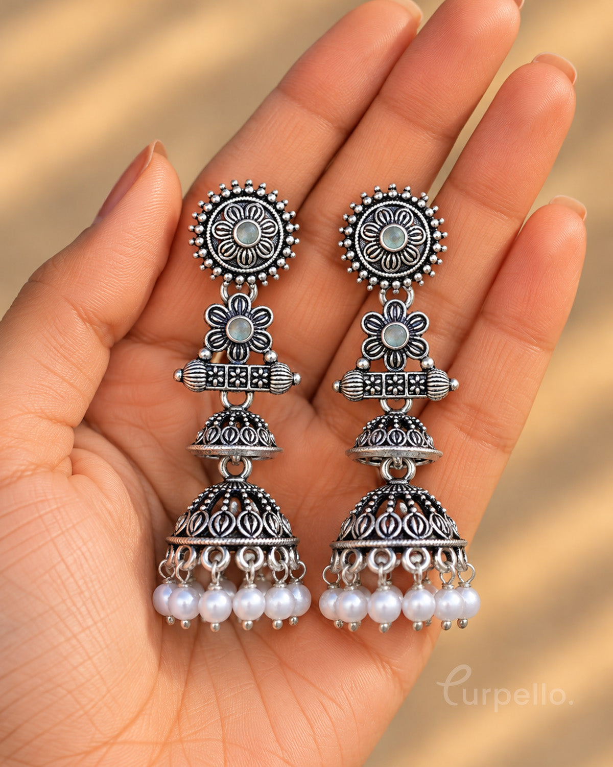 Oxidised Silver Double Jhumka Earrings