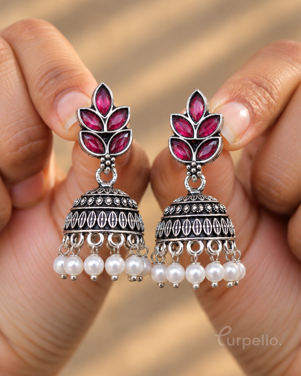 Leaf Oxidised Silver Jhumka Earrings