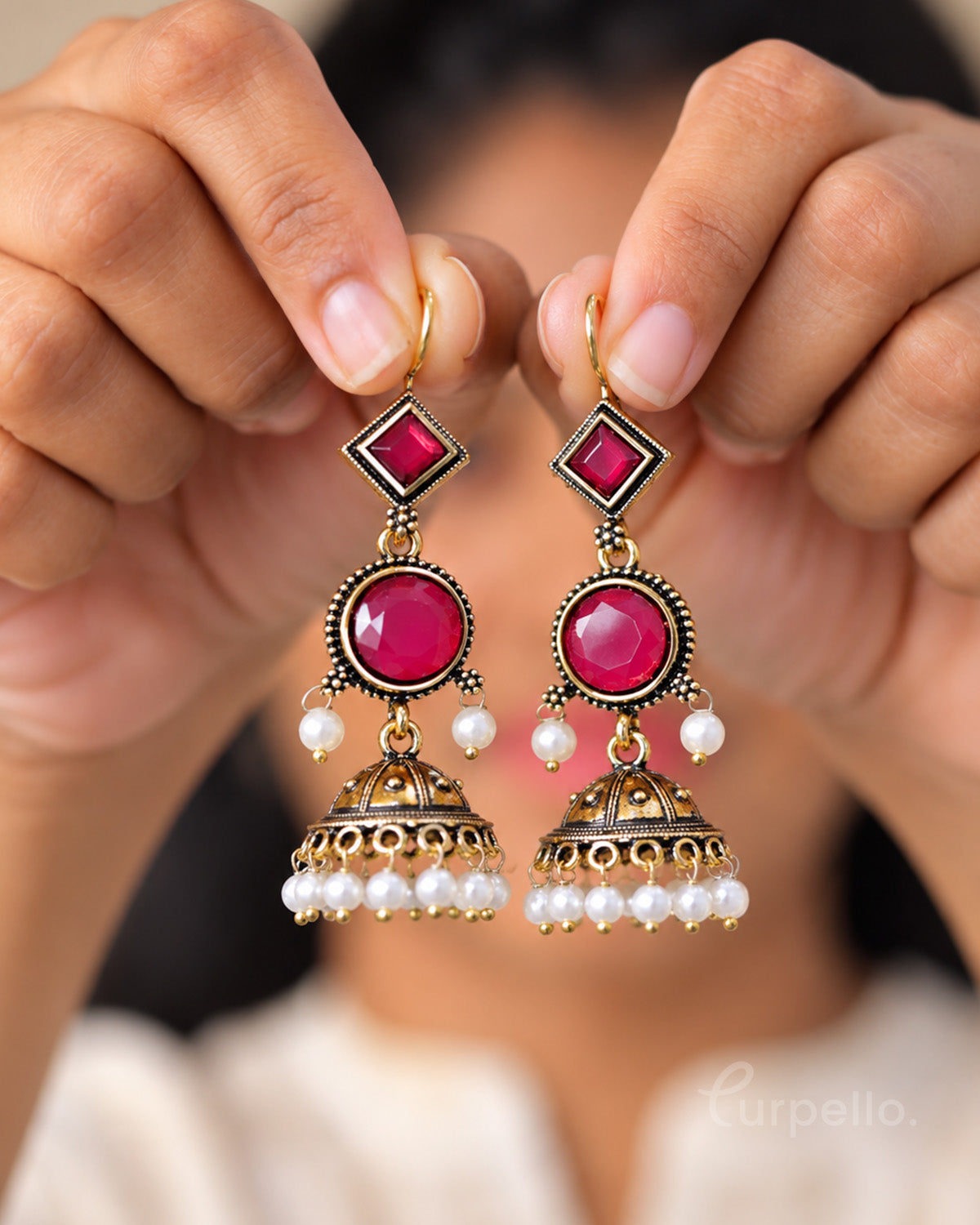 Antique Gold Jhumka Earrings with Pearl Drops