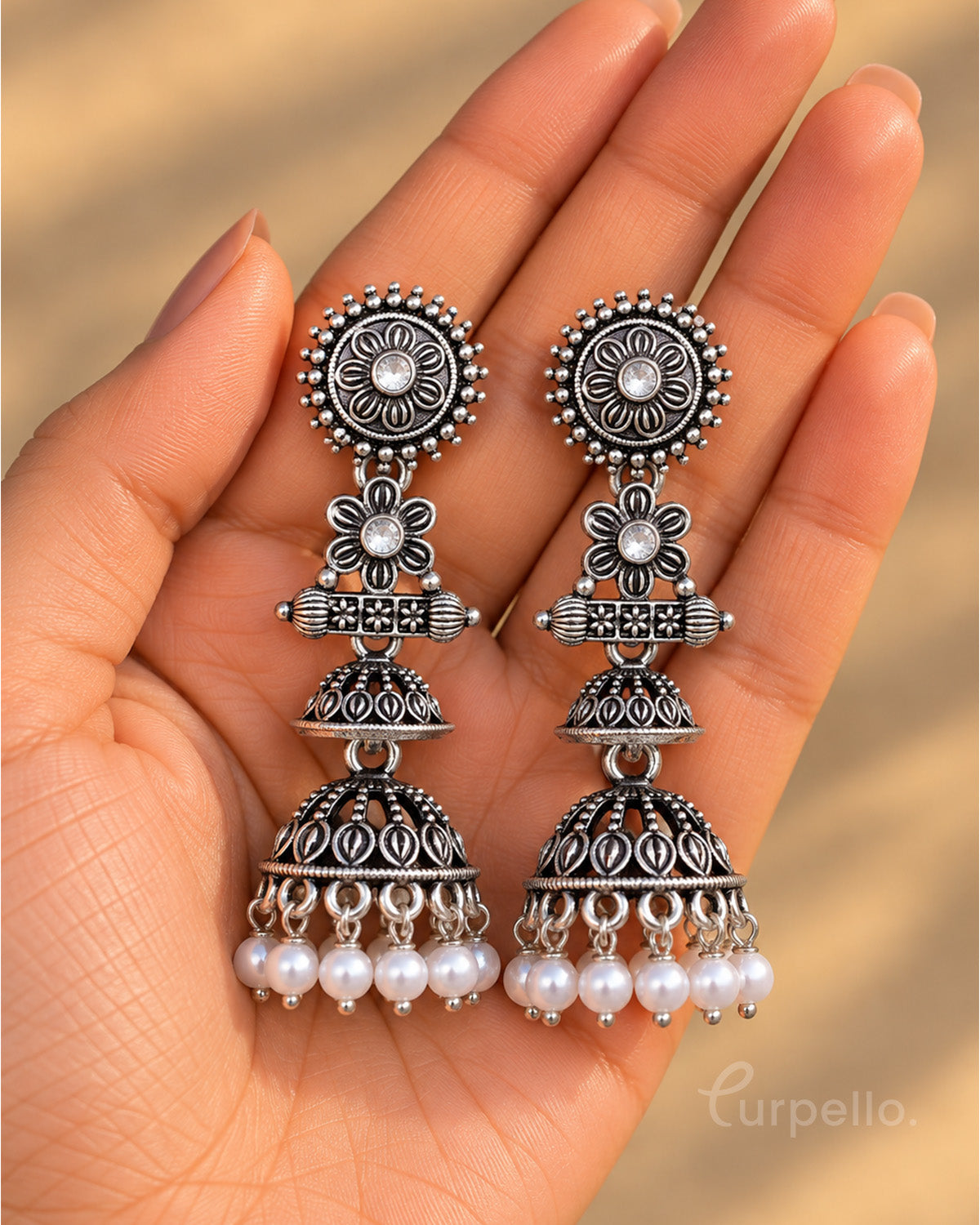 Oxidised Silver Double Jhumka Earrings