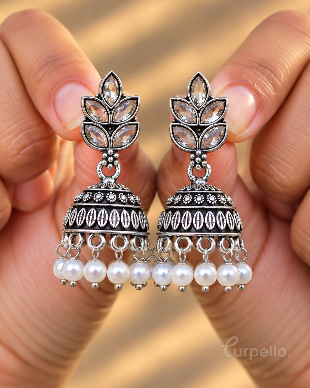 Leaf Oxidised Silver Jhumka Earrings
