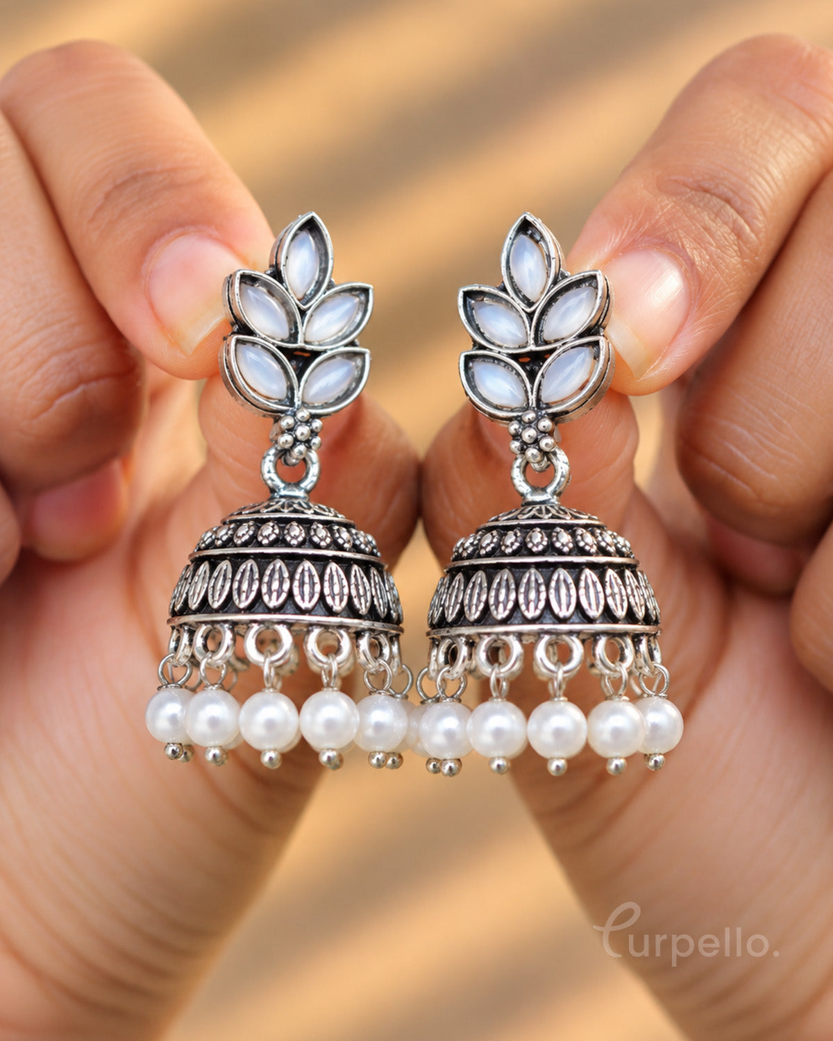 Leaf Oxidised Silver Jhumka Earrings