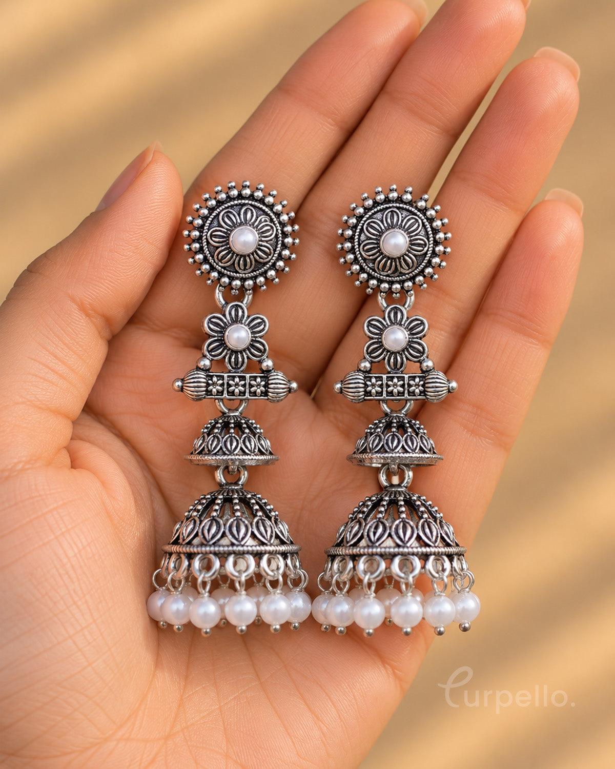 Oxidised Silver Double Jhumka Earrings